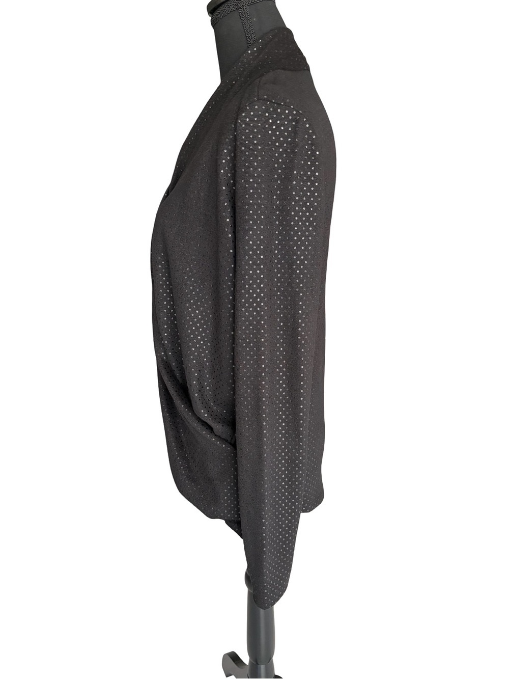 Belldini Black Draped Faux-Wrap Top with Metallic Dot Accents - Picture 2 of 4